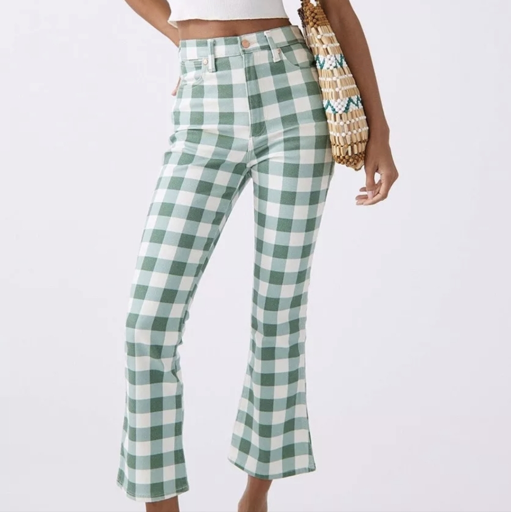 NWT Women’s Wrangler Wrock Gingham Flare Green Checkered Denim Pants Size 29